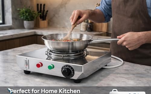 Image of Steeple 2000W Electric Infrared Stove | Stainless Steel Cooktop | All Utensil Compatible | Fast Heating Cooktop with Temperature Control Knob | Portable Kitchen Stove for Home