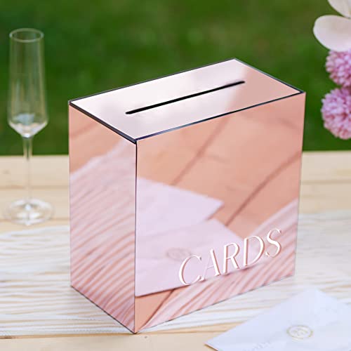 Uniqooo Metallic Rose Gold Mirror Acrylic Wedding Card Box With Slot, Large 10X10X5.5 Inch W/White Print | Thick Diy Wedding Receptions Wishing Well Money Box, Graduation, Birthday, Memory Box #TOP3