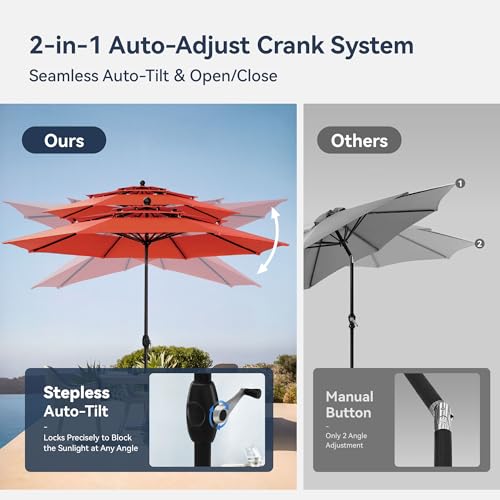 Image of PHI VILLA 10ft Patio Umbrella Outdoor 3 Tier Vented Market Table Umbrella with 1.5 inch Umbrella Pole and 8 Sturdy Ribs, (Orange Red)(No Base)