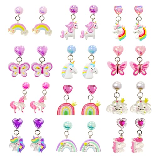 Auroriel 12 Pares de Clip de Oreja para Niñas, Conjunto de Pendientes Sin Perforación con Almohadillas de Oreja, Dulce Diseño de Mariposa, Conejo y Arcoíris, Joyería de C