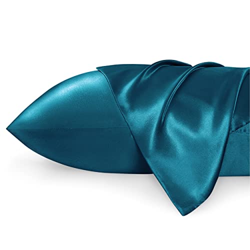 Image of Bedsure King Size Satin Pillowcase Set of 2 - Teal Silky Pillow Cases for Hair and Skin 20x36 Inches, Pillow Covers with Envelope Closure, Similar to Silk Pillow Cases, Gifts for Women Men
