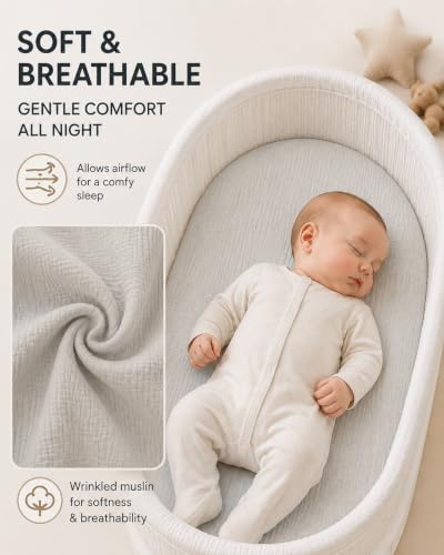 Image of Muslin Bassinet Sheets, 3-Pack 100% Cotton Fitted Bassinet Mattress Sheets, Ivory, Universal Fit 33x17x4