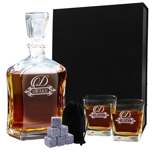 My Personal Memories, Custom Personalized 23 oz Liquor Decanter, Engraved Glass Whiskey Bottle with Name (Fancy Design)