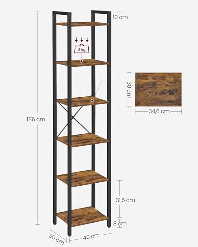 VASAGLE Scaffale a 6 Ripiani, Libreria per Ufficio, Studio, Soggiorno, Camera da Letto, 30 x 40 x 186 cm, Stile Industriale, Marrone Vintage e Nero Inchiostro LLS101B01 - Immagine 2