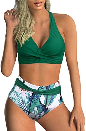SEAFORM Womens Two Piece Swimsuits Wrap Front Bikini High Waisted Bottom Tummy Control Bathing Suits Vintage Print Swimwear Green