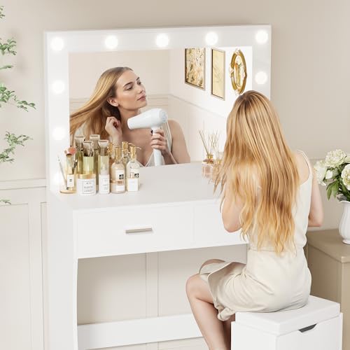 Image of YESHOMY Vanity Desk with Mirror, Makeup Table with 11 Adjustable Lights and 2 Spacious Drawers, Soft-Padded Storage Stool, 3 Lighting Modes with Control, for Bedroom, Snow White