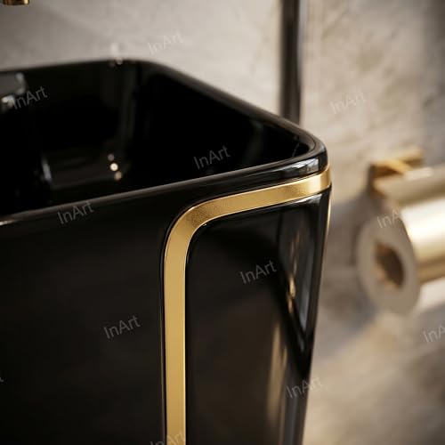 Image of InArt One Piece Ceramic Pedestal Free Standing Round Wash Basin for Living Room and Bathroom (17 x 14 x 34 Inch, Black Matt)