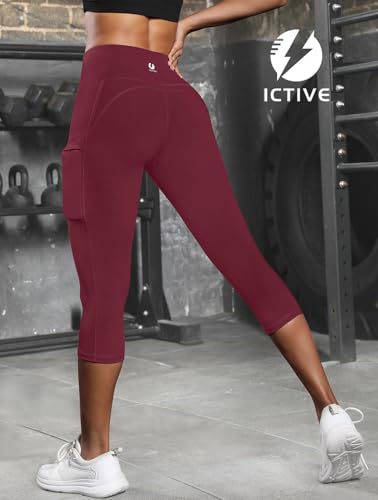 ICTIVE Women's Capris Yoga Pants with Pockets Crossover V Cross High Waisted Fitness Running Leggings Burgundy M — view 3