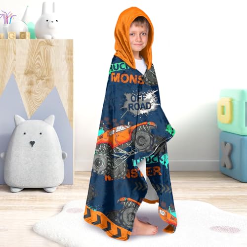 Image of Car Bath Towels Shower Wrap for Boys, Engineering Vehicle Boys Beach Towel with Hoodie for Kids Toddlers Age 4-8, Hooded Poncho Beach Blanket for Pool Swimming Cute Wearable Bath Towel for Child