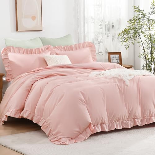 Andency Blush Ruffle Duvet Cover Queen, Shabby Chic Farmhouse Bedding Set