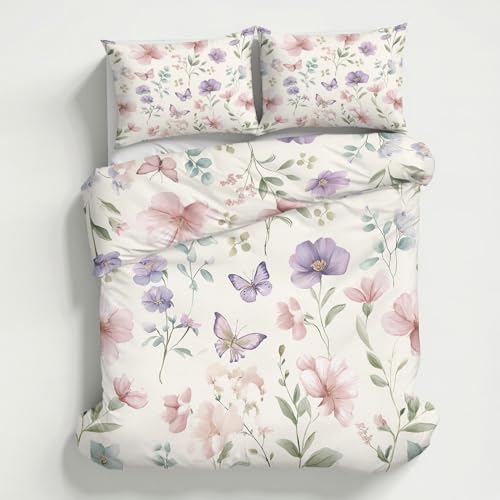 Housse de Couette 220x240 Fleur Rose et Papillon avec 2 Taies d'Oreiller