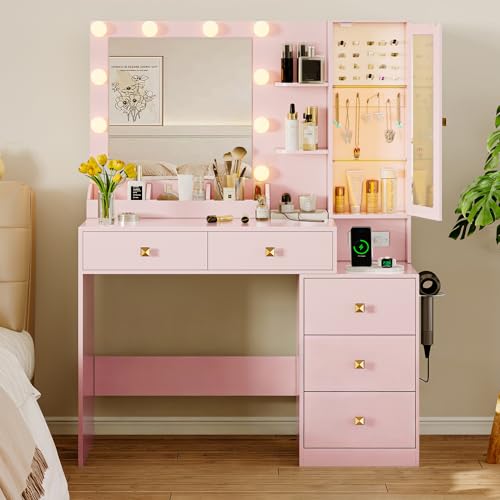 Image of Xixini Vanity Desk with Mirror and Lights, Makeup Vanity Table Set with 5 Storage Drawers, Power Outlet, Small Dressing Table with RGB Ambient Light, Adjustable Brightness for Girls Bedroom, Pink