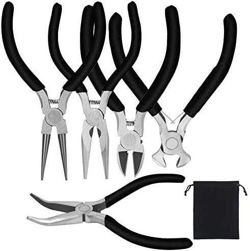 CHALA 5pcs Pliers Tool Set,Wire Cutter Jewellery Making Beading Pliers Mini Electronic Precision Plier with Non-Slip Handle Diagonal Curved End Cutting Flat Nose Plier for Crafts (Black)