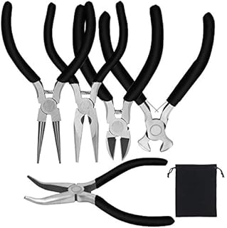 CHALA 5pcs Pliers Tool Set,Wire Cutter Jewellery Making Beading Pliers Mini Electronic Precision Plier with Non-Slip Handle Diagonal Curved End Cutting Flat Nose Plier for Crafts (Black)