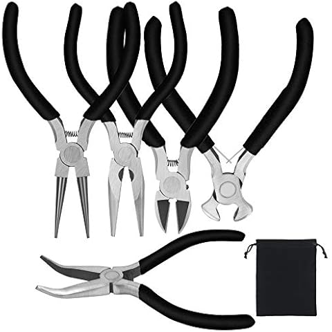 CHALA 5pcs Pliers Tool Set,Wire Cutter Jewellery Making Beading Pliers Mini Electronic Precision Plier with Non-Slip Handle Diagonal Curved End Cutting Flat Nose Plier for Crafts (Black) Cover