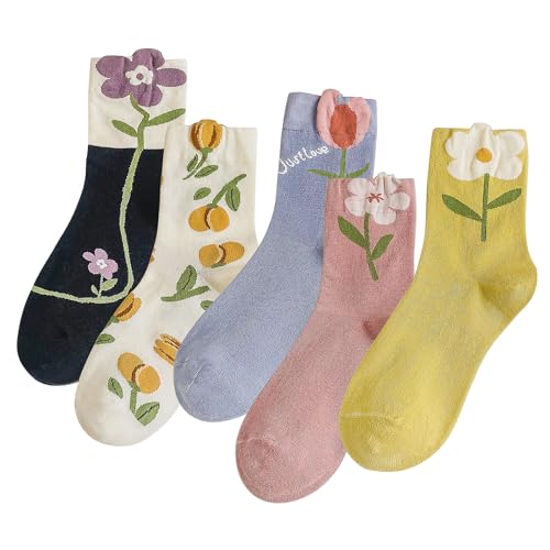 4/5 Pack Cute Womens Floral Socks, Cotton Vintage Embroidered Casual Crew Socks, Girly Cottagecore Tulip Dress Socks