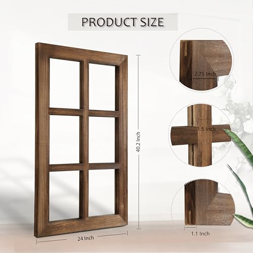 Image of LOSOUR 24x40in Wood Window Frame Wall Art, Vintage Rustic Wall Decor, Farmhouse Windowpane Decor, Decorative Wall Sculptures for Living Room, Bedroom, Entryway, Hallway(2, Brown-no glass, 40 inchL x 24 inchW)