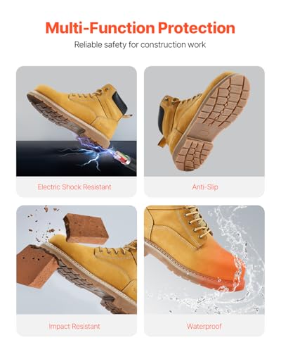 VEVOR Men's Steel Toe Work, Waterproof, Slip-Resistant, Lightweight and Breathable Rubber Sole Boots for Industry Construction, Brown Yellow3