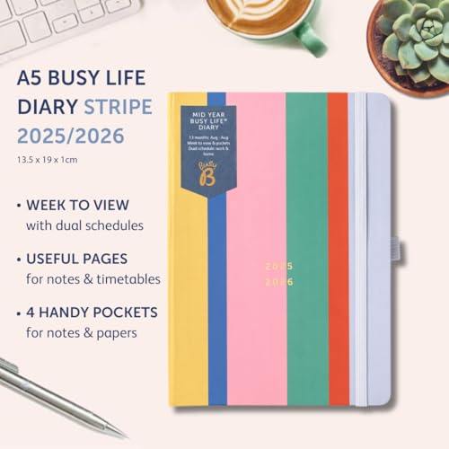 Busy B Diary, A5 Mid-Year Academic Diary, Busy Life Weekly Journal, Aug '25, Aug '26, Multi Stripe Cover - Image 2