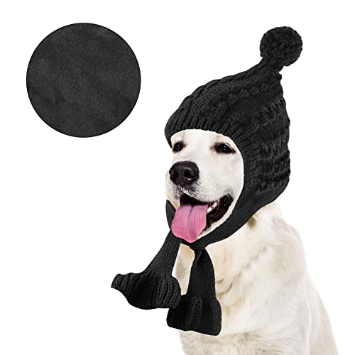 Yuepet Dog Winter Hat And Scarf Warm Fleece Lined Dog Cap With Knit Scarf, Dog Pom Pom Hat Suitable For Extra Large Dogs Above 80 Pounds - Black #TOP23