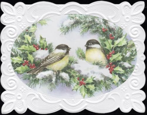 Image of Poster Foundry Christmas Holiday Chickadee Birds Boxed Note Cards by Carol Wilson. 10 embossed 4x5 Die-Cut Notecards and Matching Envelopes in Decorative Gift Box with Magnetic Flap. NCPX2043