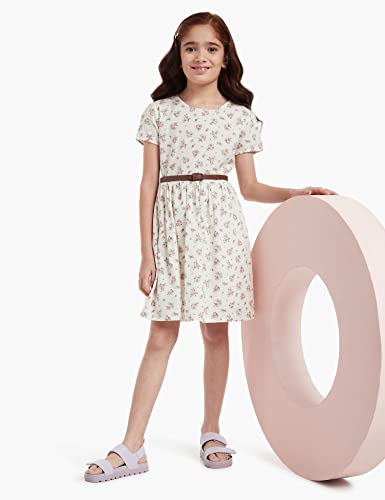 Image of Amazon Brand - Jam & Honey Girl's 100% Soft & Pure Cotton Comfortable and Stylish Printed Woven Dress with Short Sleeves and Belt - Perfect for Every Occasion