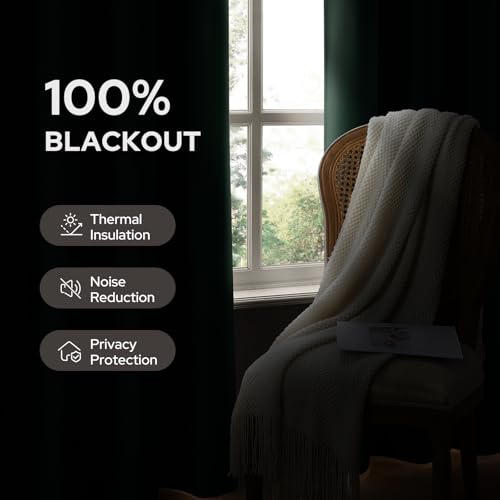 Image of HOMEIDEAS 100% Blackout Dark Green Linen Curtains 52W x 63L 2 Panels