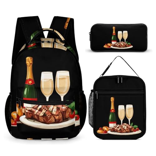 Steak Chicken Champagne Dinner Printed Backpack with Lunch Box Bag Pencil Case Pouch 3pcs Daypack Set for Women Men