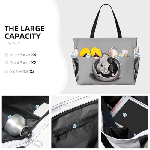 Grey rat Large capacity beach bag with zipper, perfect for grocery bag pool gym travel shopping foldable beach travel bag,3