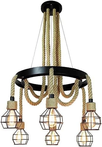Lustre 6 lumières corde de chanvre et cage métallique style industriel rétro haut de gamme