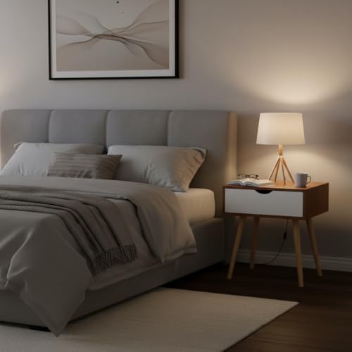 Image of Modern Bedside Table with Drawers & Wooden Legs | Compact Nightstand for Bedroom | Scandinavian Style Side Table with Storage for Home Living Room (Walnut White, 1 Drawer)