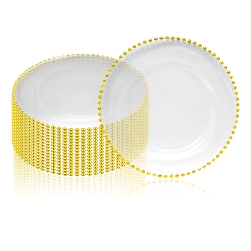 Trimming Shop 13-inch Clear Charger Plates with Gold Beaded Rim – Elegant Acrylic Plates for Weddings, Parties, and Table Decorations, Affordable Decorative Dinner for Home & Events, Pack of 12