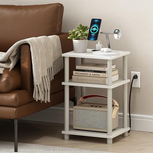 Image of Furinno Just 3-Tier Turn-N-Tube Open Storage Side Table, End Table with USB and Type-C Charging Station, White /White
