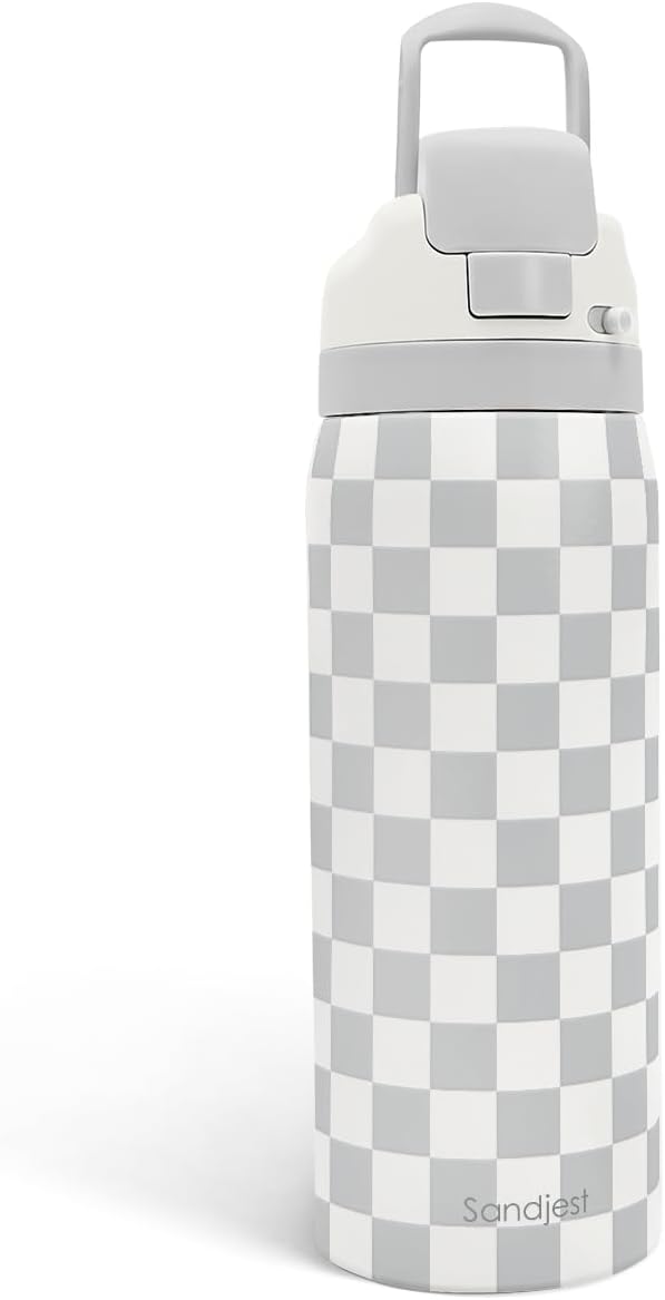 Checkered Insulated Stainless Steel Water Bottle with Straw for Sports and Travel, 32oz, Gifts for Women Girls Friends Teens Birthday Christmas (Grey)