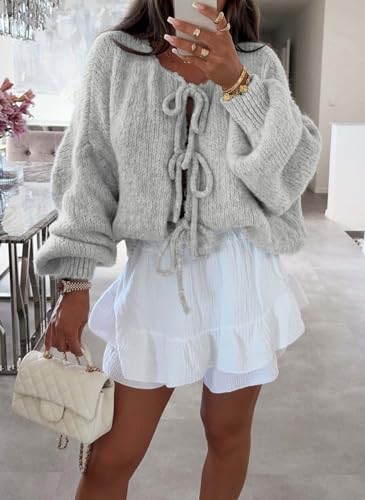 chouyatou Women's Cute Bow Knot Cardigan Fall Casual Oversized Ribbed Knit Sweater Cardigan Tops3