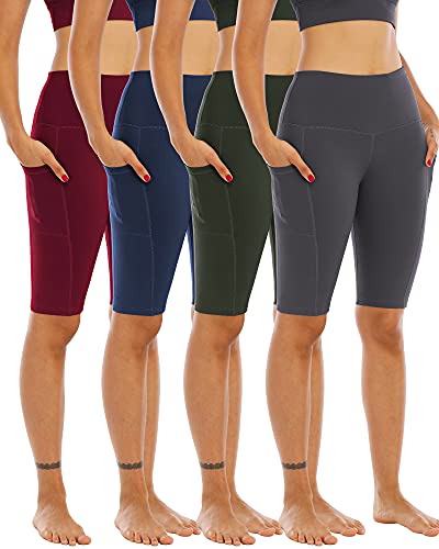 WHOUARE 4 Pack Biker Yoga Pilates Exercise Shorts with Pockets for Women, High Waisted Athletic Running Workout Gym Shorts Tummy Control, 4packs # Army Green, navy, dark Gray, burgundy, X-Large