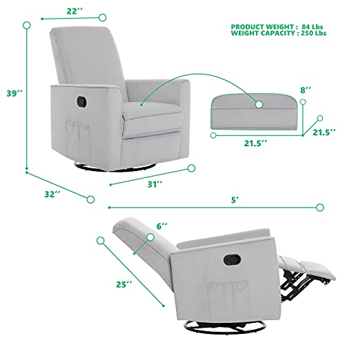 Evolur Raleigh Upholstered Plush Seating Glider Swivel, Rocker, Recliner, Glider For Nursery In Misty Grey, Greenguard Gold Certified, Modern Nursery Recliner, Environmentally Conscious Glider #TOP2
