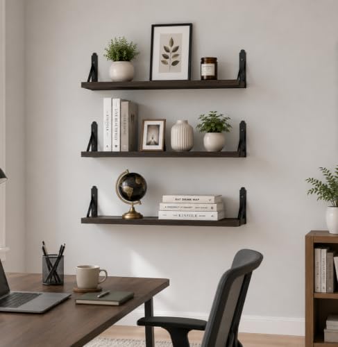 Image of Decazone Floating Shelves for Wall Storage Set of 3, MDF Board Bookshelves for Living Room, Bedroom, Kitchen, Office Sturdy Wall-Mounted Display, Bookcase, Decor (Wenge, Wide- 20 inch)