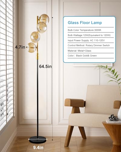 Image of Lightdot 64IN Dimmable Floor Lamp with Glass Globe Shade, Modern Gold &Black Standing Lamps with 4PCS Warm White Bulbs Included, Mid Century Floor Lamp with 5Lbs Heavy Base for Living Room /Sofa Beside