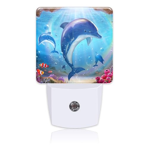 Image of Night Light for Kids Girls Boys, Cute Dolphins in Tropical Sea LED Night Light Plug into Wall with Dusk to Dawn Sensor for Room Decor, Hallway, Kitchen, Bathroom, Nursery, Stairs