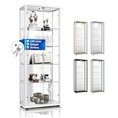 K-Möbel Glas Vitrinenschrank 2-türig (176x67x33cm) - Made in Germany - Standvitrine Weiss mit 4 höhenverstellbaren Glasböden, Spiegel, Schloss & LED - Glasvitrine Stehend - Sammler