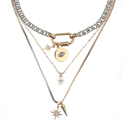 Tucnoeu Gold Layered Necklaces for Women, 3PS Stacked Chunky Necklace, Mixed Metal Necklace with Silver Coin Pendant and Paperclip Chain, Trendy Statement Jewelry Gift