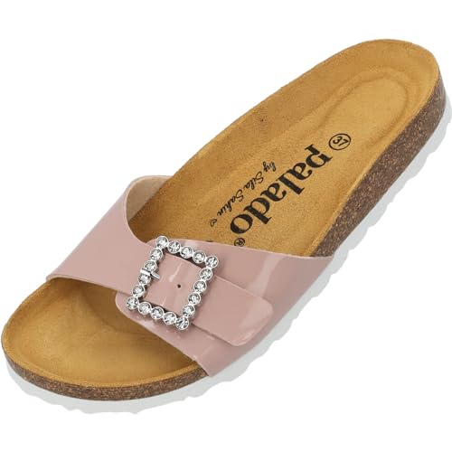 Palado Pantoletten Damen Malta SQ by Sila Sahin - elegante Sandalen Made in Spain - Hausschuhe mit Kork-Fußbett - modische Sommerschuhe Rosa Lack UK5,5 - EU38