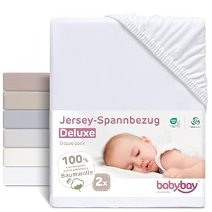 babybay Jersey Spannbetttuch Deluxe Doppelpack passend für die Modelle Maxi, Midi, Boxspring, Comfort und Comfort Plus, weiß, 89 x 50 cm (Doppelpack)