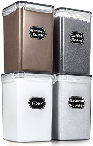 Wildone Extra Large Tall Airtight Food Storage Containers 6.5L/ 5.9QT, Plastic BPA Free Kitchen Pantry Storage Containers 4 Pieces for Flour, Sugar, Rice, with 20 Labels & 1 Marker, Black