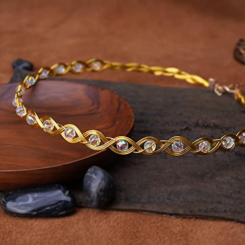 Coteeza Fairy Braided Headpiece Gold Circlet Crown Celtic Handmade Headband Tiara White Beads Cosplay Medieval Hair Accessory Vintage Headdress For Renaissance Birthday Rave Masquerade #TOP4