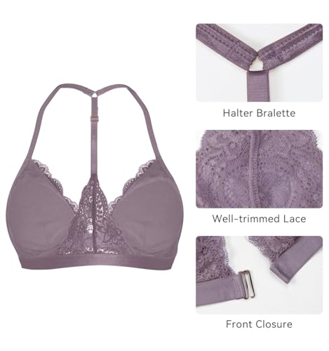 Image of SHEKINI Women's Embroidered Triangle Bra Front Closure Plunge Wireless Lightly Lined Lace Bralette Top