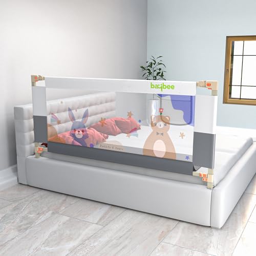 Image of BAYBEE Baby Bed Rail Guard (200x80cm), Bedrail for Baby Safety with 28 Height Adjustable, Portable Bed Side Protector for Babies Falling | Foldable Single Beds Railing,1 Side, (Grey /White)