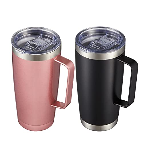 Civago 20 Oz Tumbler Bulk With Lid And Straw, Insulated Travel Coffee Mug With Handle, Double Wall Stainless Steel Vacuum Coffee Tumbler, Thermal Coffee Cup, Set Of 2 (Rose Gold, Black) #TOP19