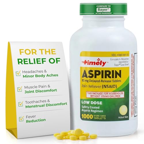 TIME-Cap Labs 1000 Tablets Low Dose Aspirin 81mg Enteric Coated - NSAID Pain Reliever & Fever Reducer for Adults, Helps with Minor Aches, Headaches, Muscle Pain, Toothaches, and Joint Discomfort